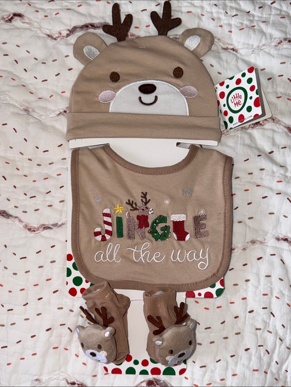 NWT Little Me Reindeer Holiday Set Hat, Bib, Booties 0-6 Months
